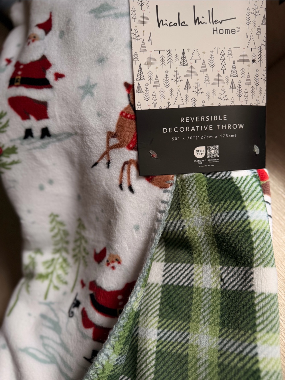 Nicole Miller Green gingham Santa snowman bow tree reindeer Christmas Throw